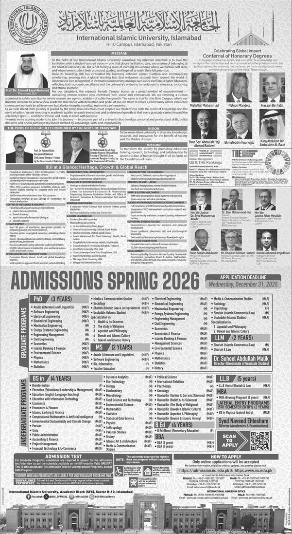 Admission notice for International Islamic University IIU Islamabad