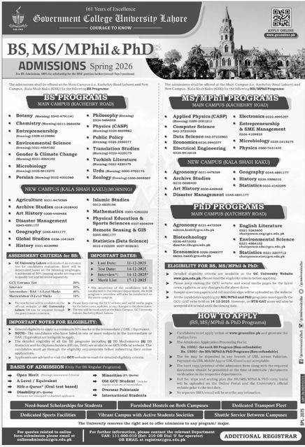 Admission notice for Government College University Gcu Lahore