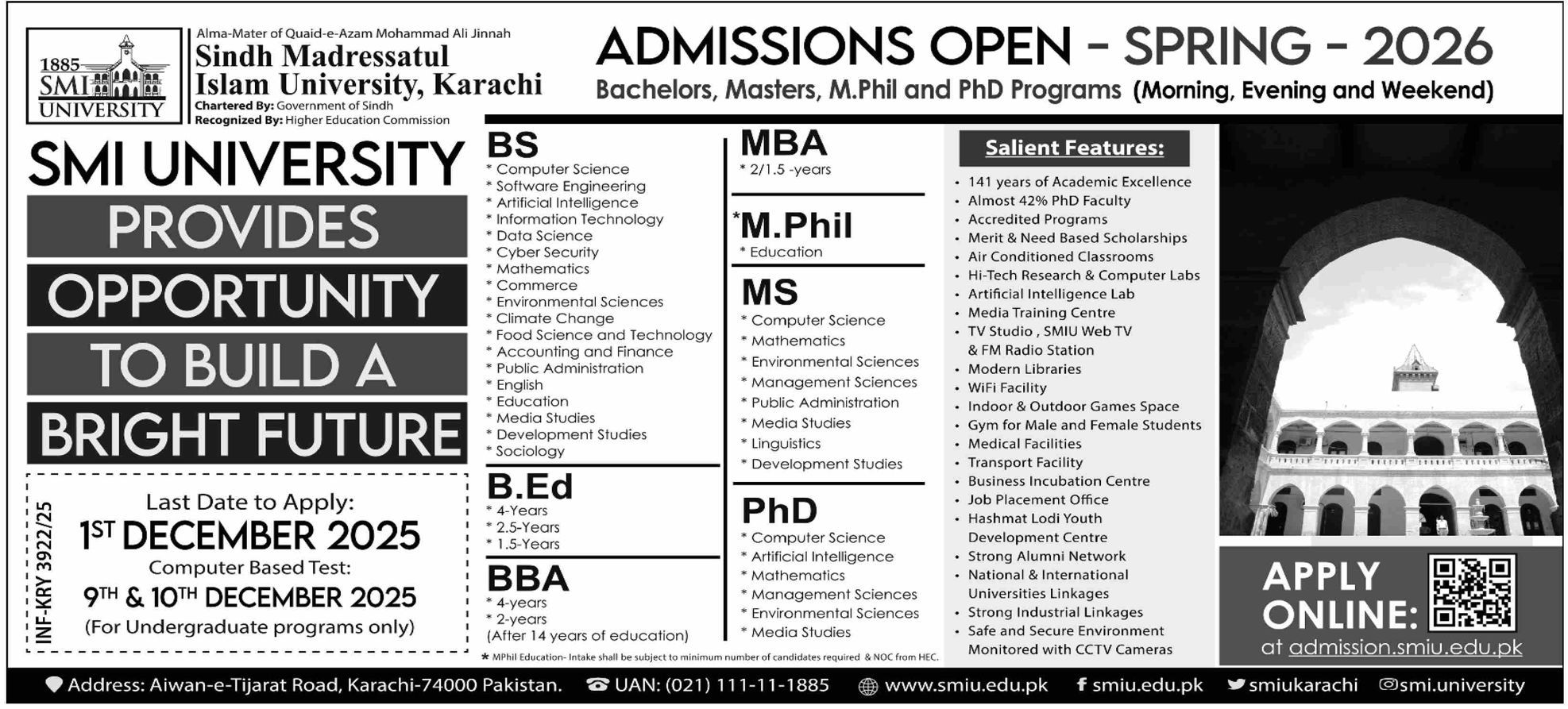 Admission notice for Sindh Madressatul Islam University