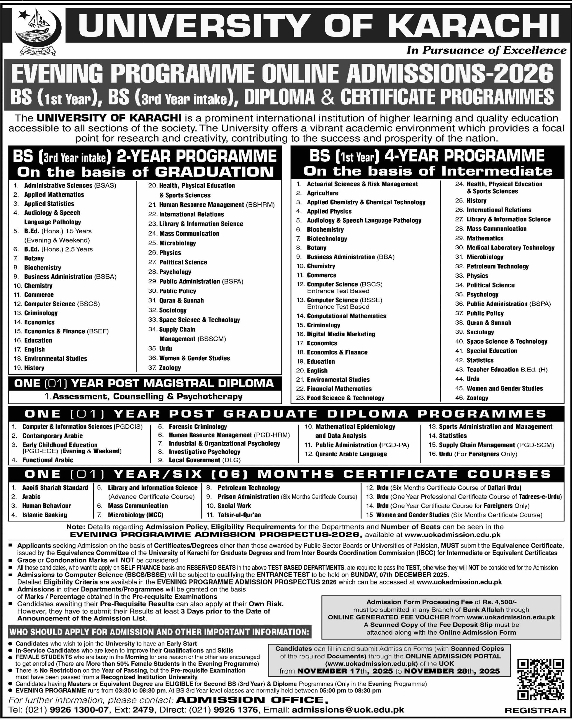 Admission notice for University Of Karachi