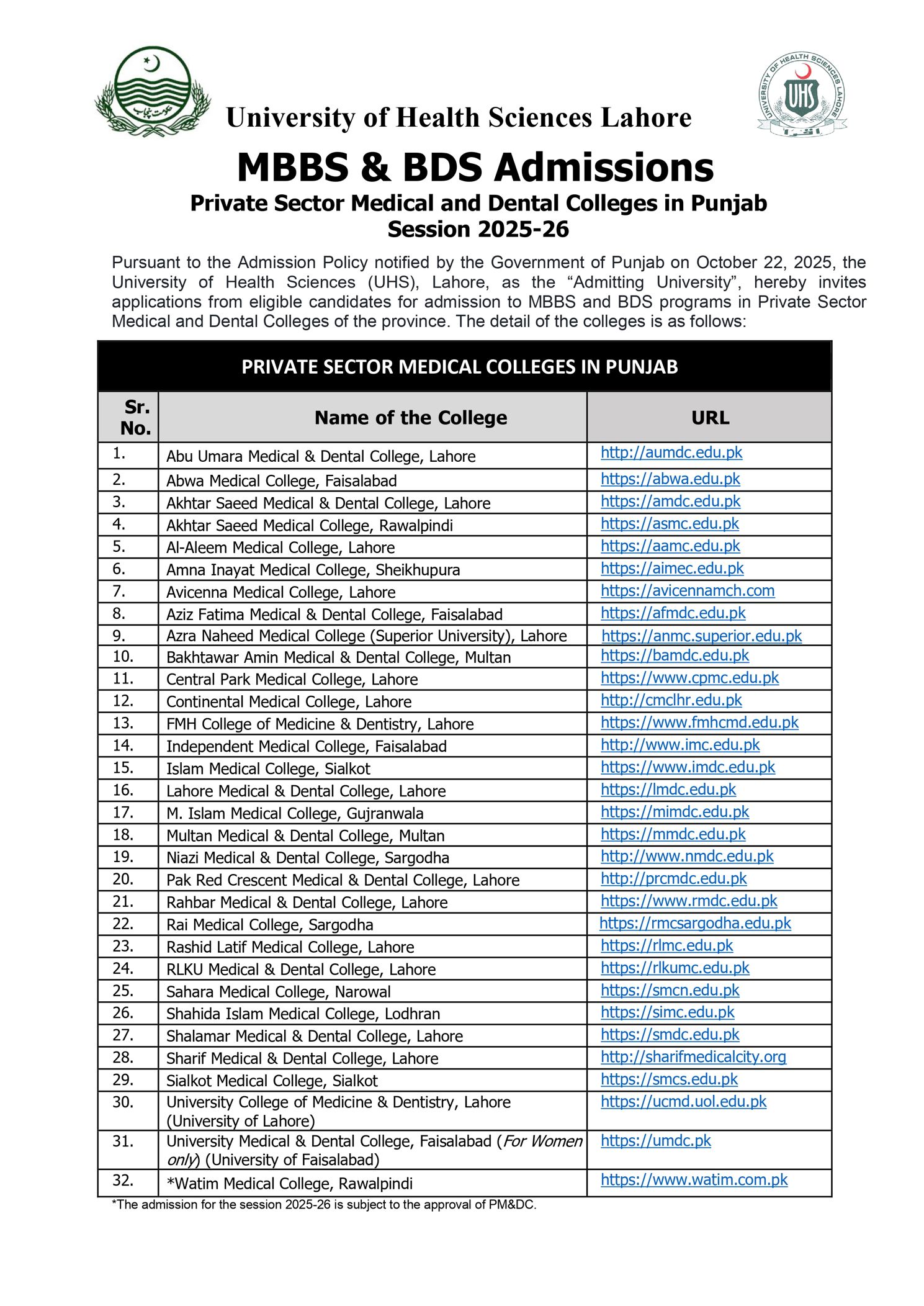 Admission notice for Bakhtawar Amin Medical and Dental College Multan