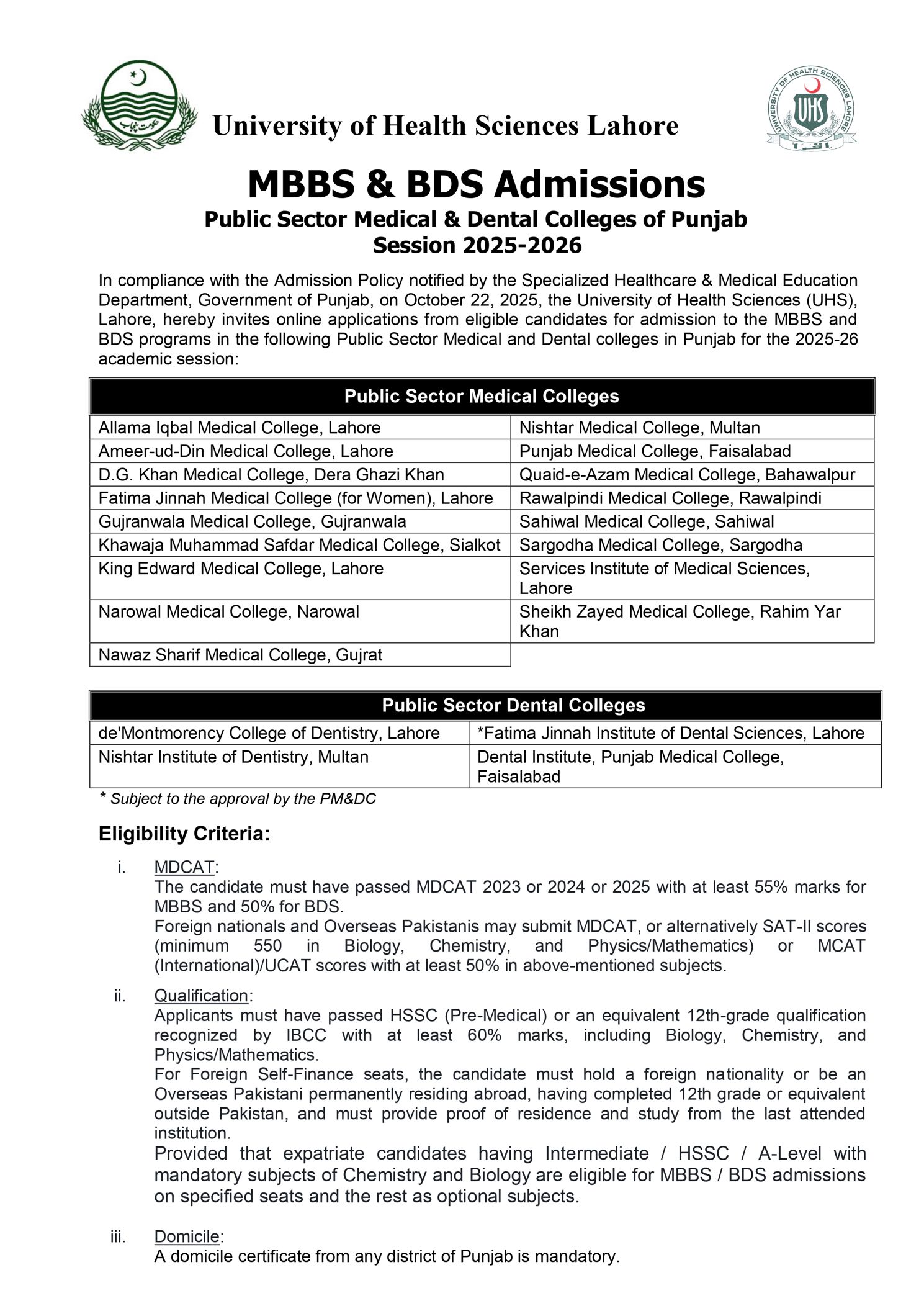 Admission notice for Nishtar medical college Multan