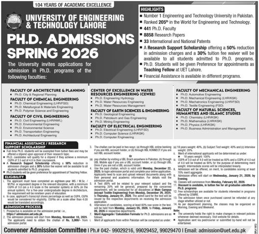 Admission notice for University of Engineering and Technology (UET) - Faisalabad