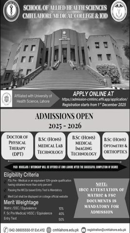 Admission notice for CMH Lahore Medical College & Institute of Dentistry, Lahore