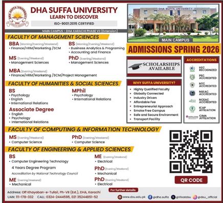 Admission notice for Dha Suffa University Karachi