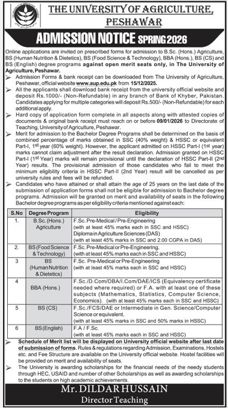 Admission notice for The University Of Agriculture Peshawar