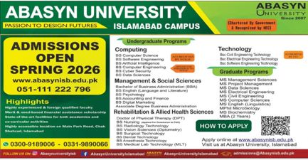 Admission notice for Abasyn University Islamabad
