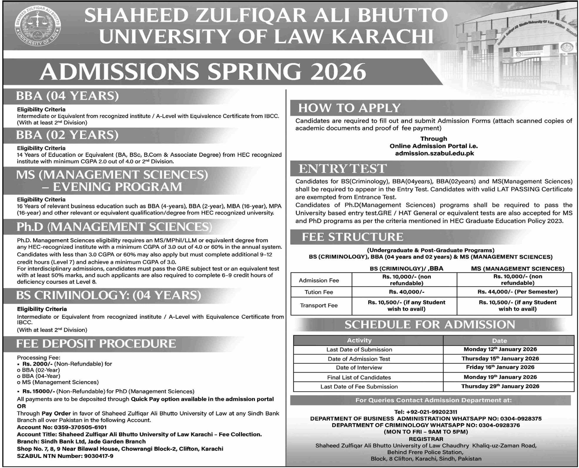 Admission notice for Shaheed Zulfiqar Ali Bhutto University Of Law Karachi