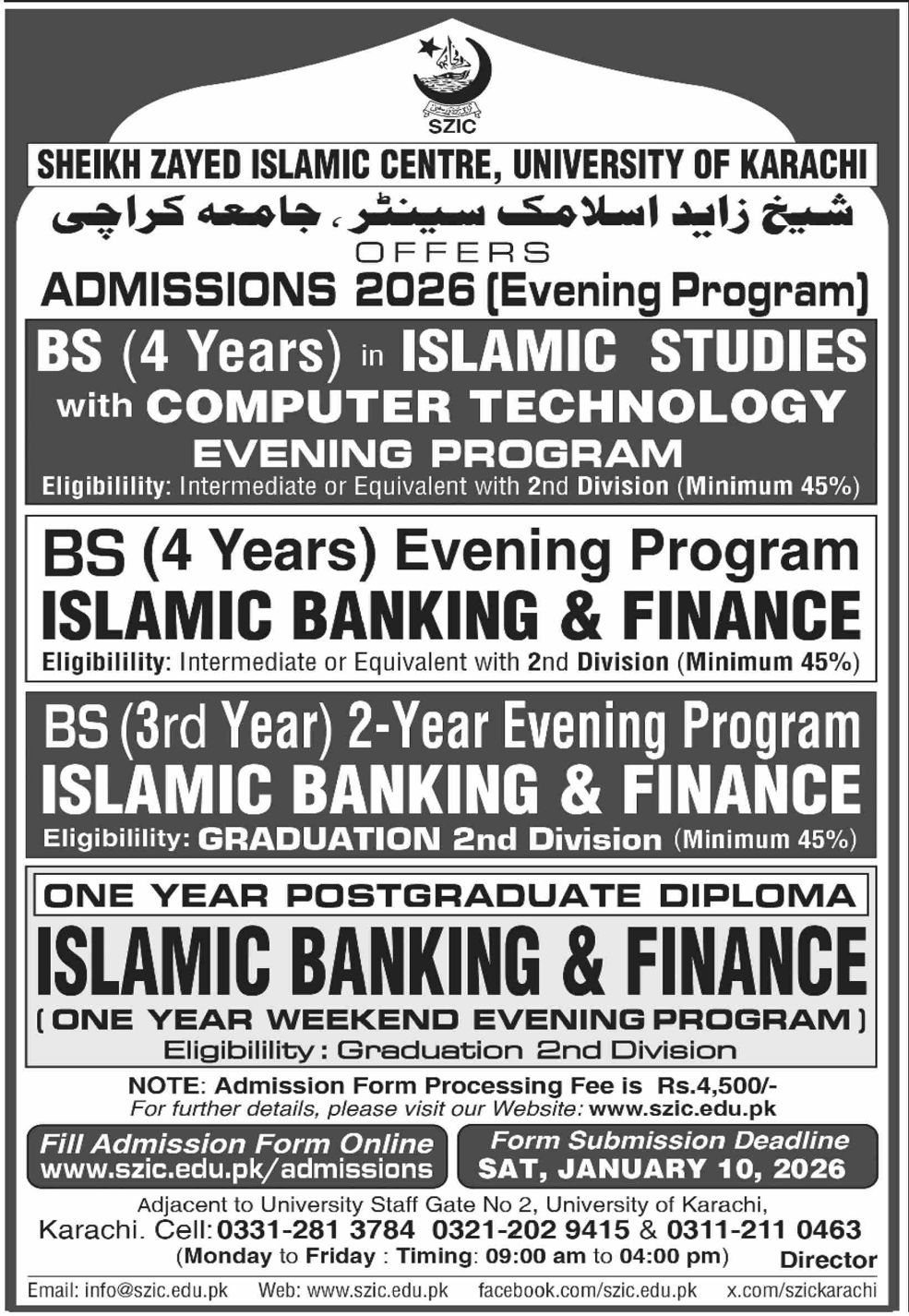 Admission notice for Sheikh Zayed Islamic Center (SZIC), Karachi