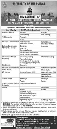 Admission notice for PU Lahore