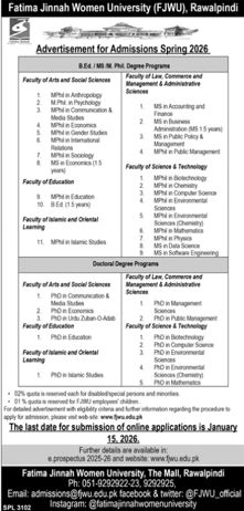 Admission notice for Fatima Jinnah Women University Rawalpindi