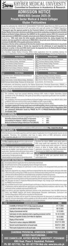 Admission notice for Frontier Medical College, Abbottabad