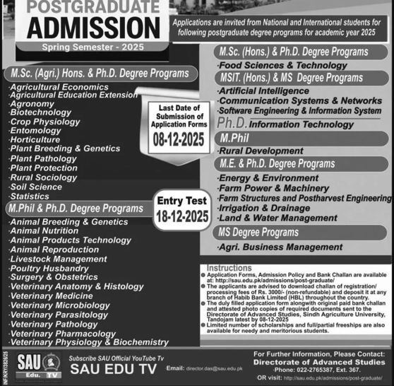 Admission notice for Sindh Agriculture University Tando Jam