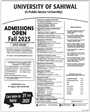 Admission notice for University Of Sahiwal (Uoswl)