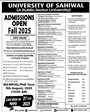Admission notice for University Of Sahiwal (Uoswl)