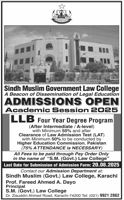 Admission notice for Sindh Muslim Law College Karachi