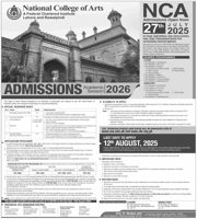 Admission notice for National College Of Arts Lahore Nca