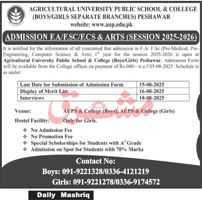 Admission notice for Agricultural University Peshawar Khyber Pukhtunkhwa