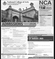 Admission notice for National College Of Arts Lahore Nca