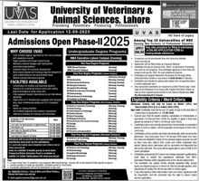 Admission notice for University of Veterinary Animal Sciences UVAS Lahore