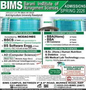 Admission notice for Barani Institute of Management Sciences Rawalpindi