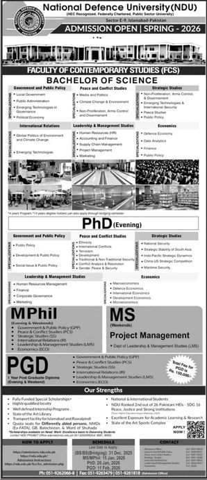 Admission notice for National Defense University (NDU) Islamabad