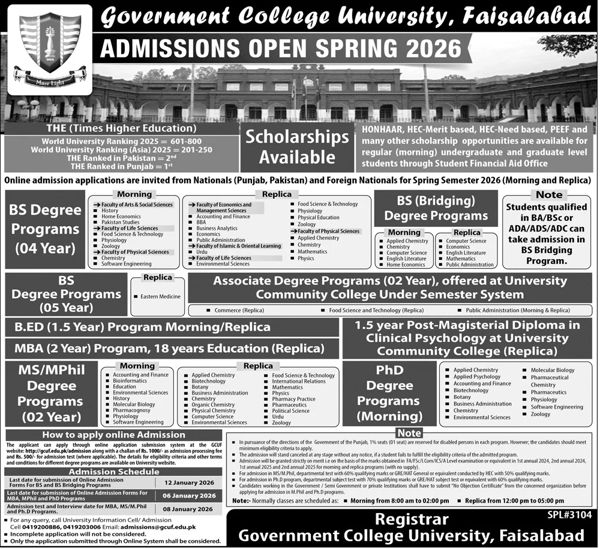 Admission notice for Govt College University GCU Faisalabad
