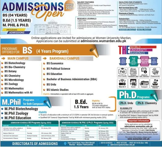 Admission notice for Women University Mardan KPK