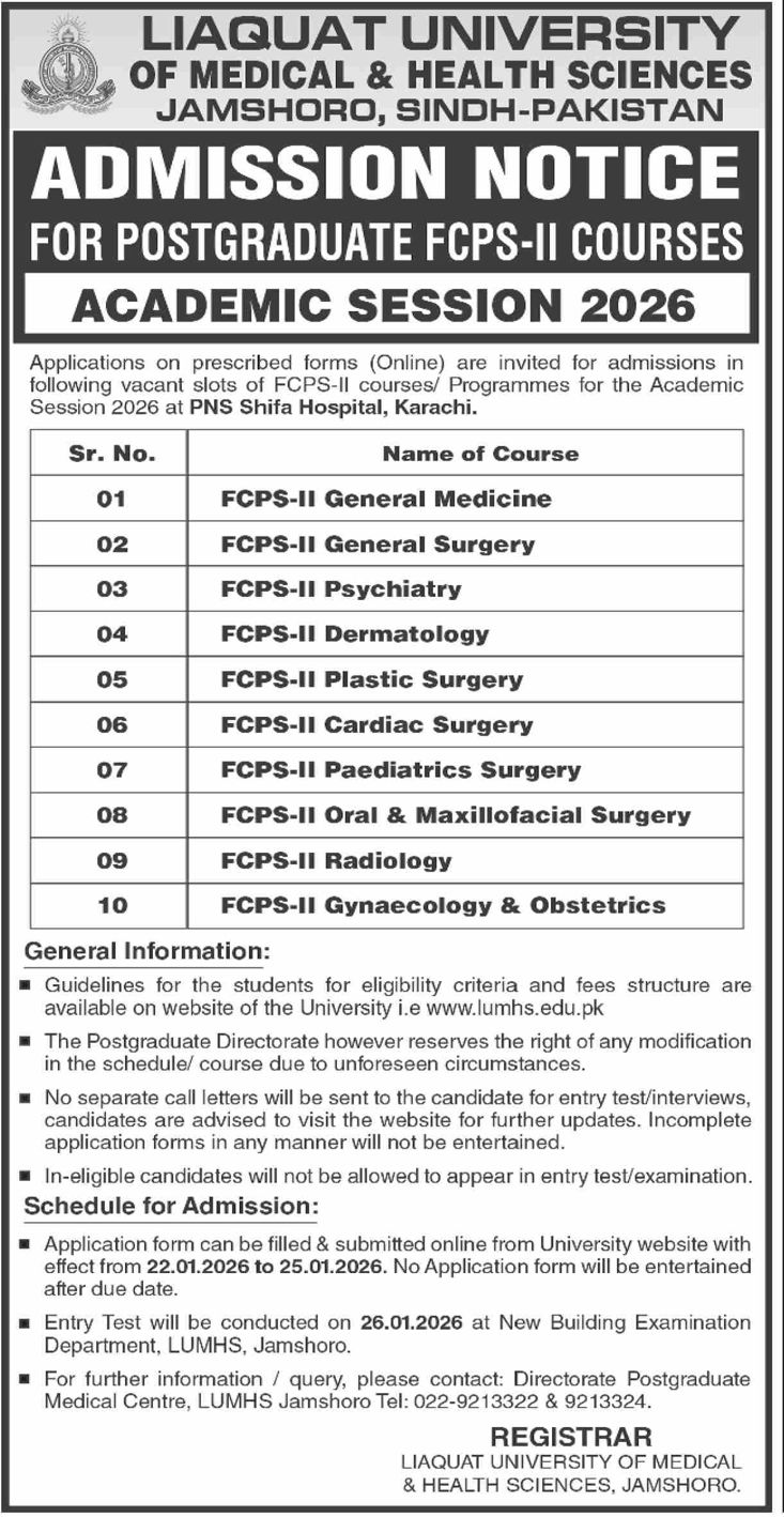 Admission notice for Liaquat University Of Medical And Health Sciences, Jamshoro
