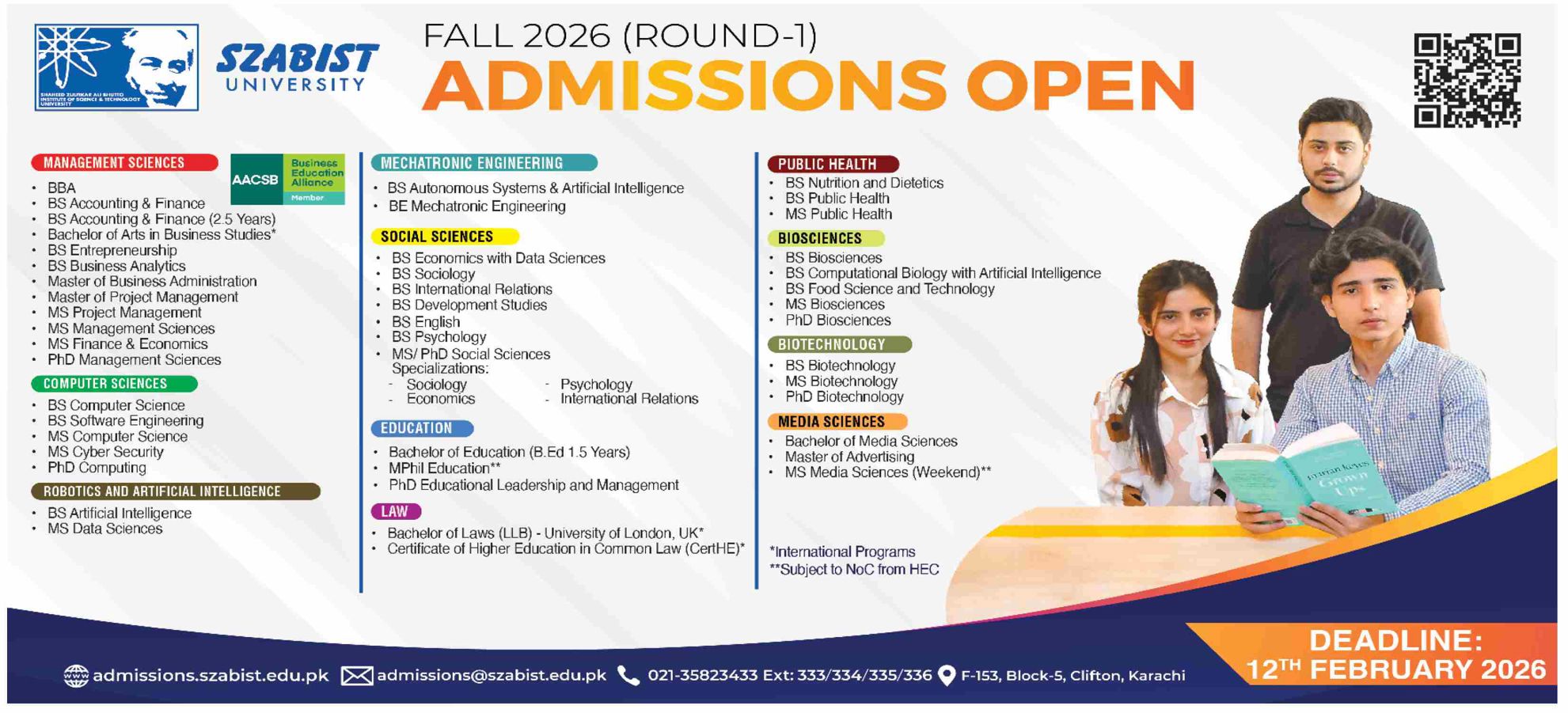 Admission notice for Shaheed Zulfikar Ali Bhutto Institute of Science and Technology (SZABIST) Islamabad