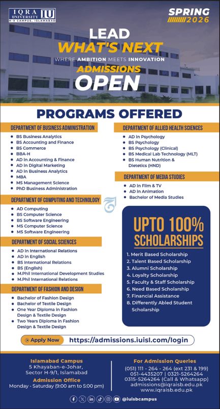 Admission notice for Iqra National University (Inu) Peshawar