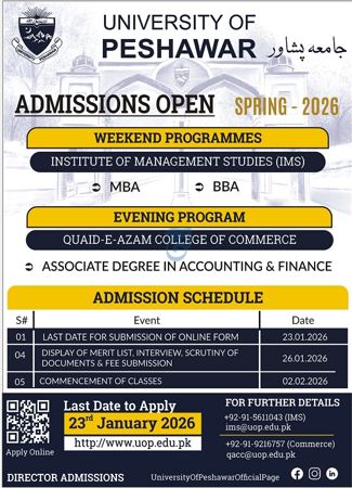 Admission notice for University Of Peshawar