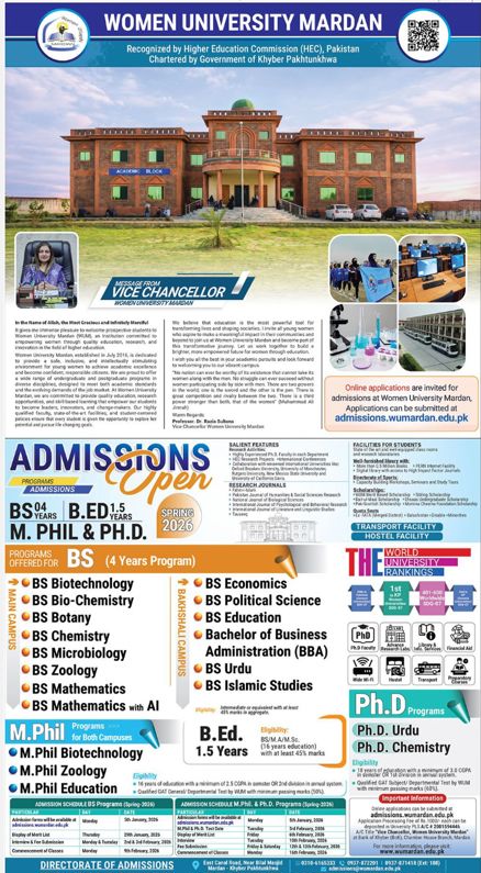 Admission notice for Women University Mardan KPK