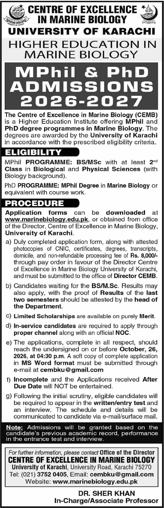 Admission notice for University Of Karachi