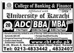 Admission notice for College of Banking & Finance (CBF) Karachi