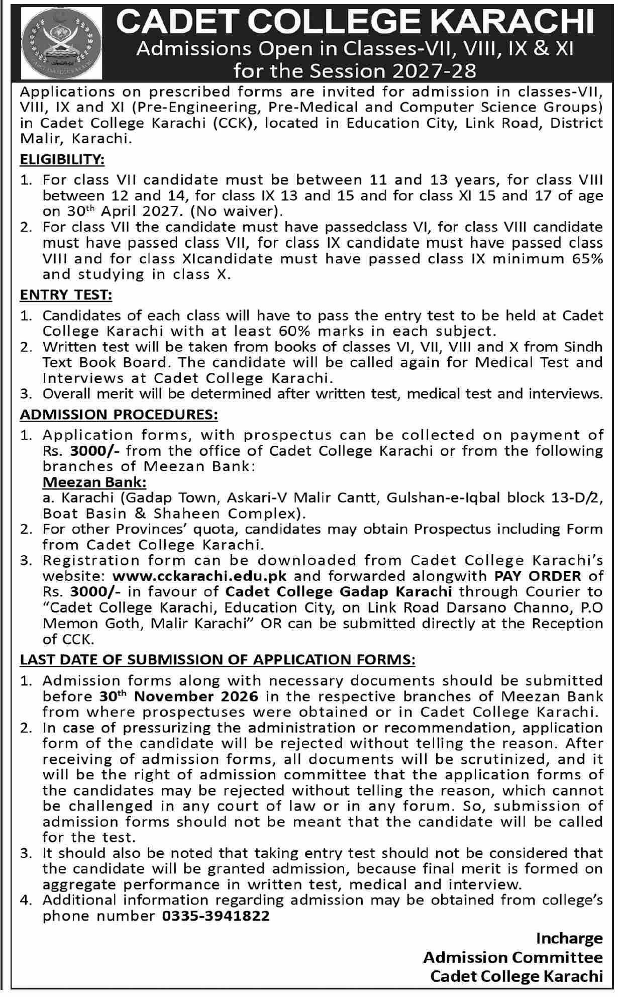 Admission notice for Baqai Cadet College Karachi