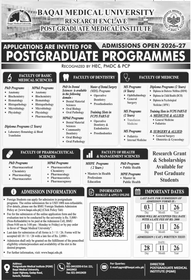 Admission notice for Baqai Medical University Karachi