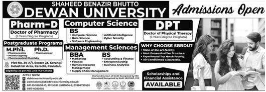 Admission notice for Shaheed Benazir Bhutto Dewan University Karachi