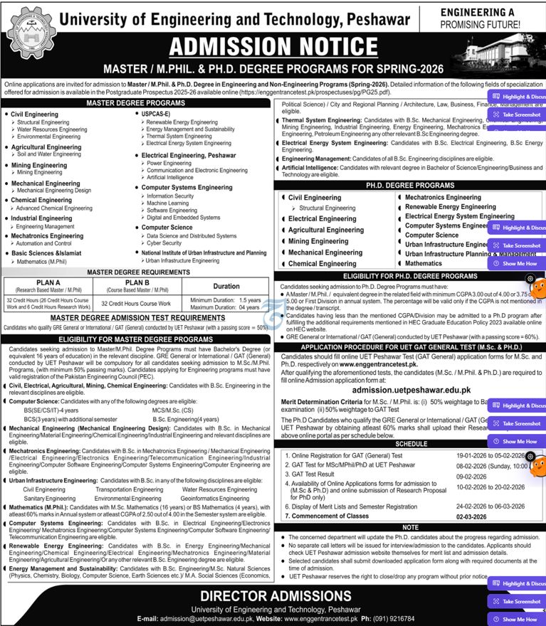 Admission notice for University of Engineering and Technology (UET) - Peshawar