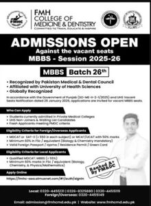 Admission notice for FMH Fatima Memorial College of Medicine and Dentistry