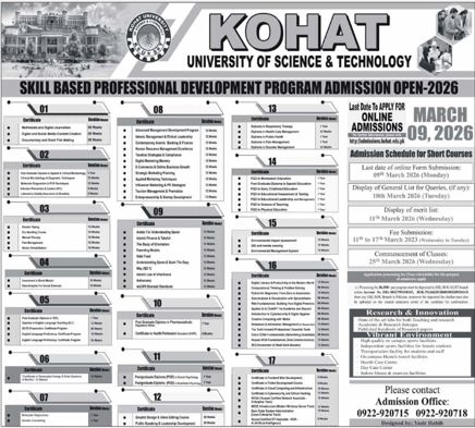 Admission notice for Kohat University Of Science & Technology, Khyber