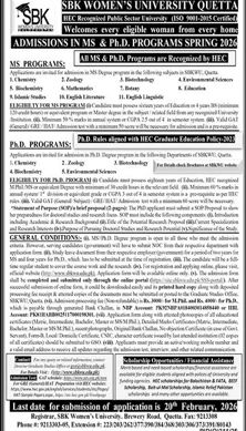 Admission notice for Sardar Bahadur Khan Womens University Quetta