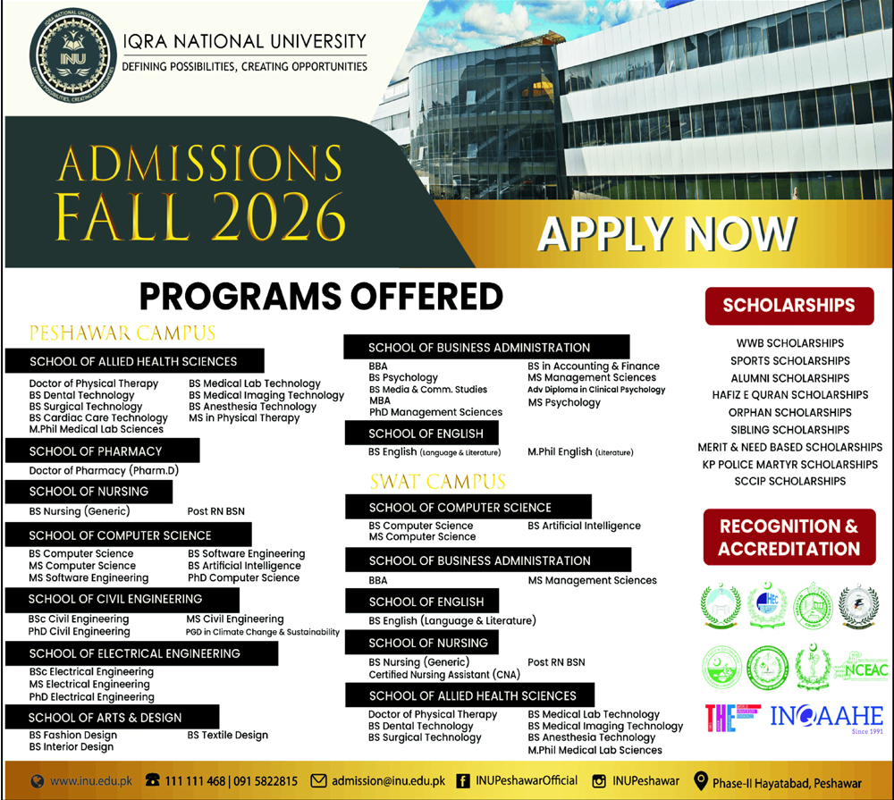 Admission notice for Iqra National University (Inu) Peshawar