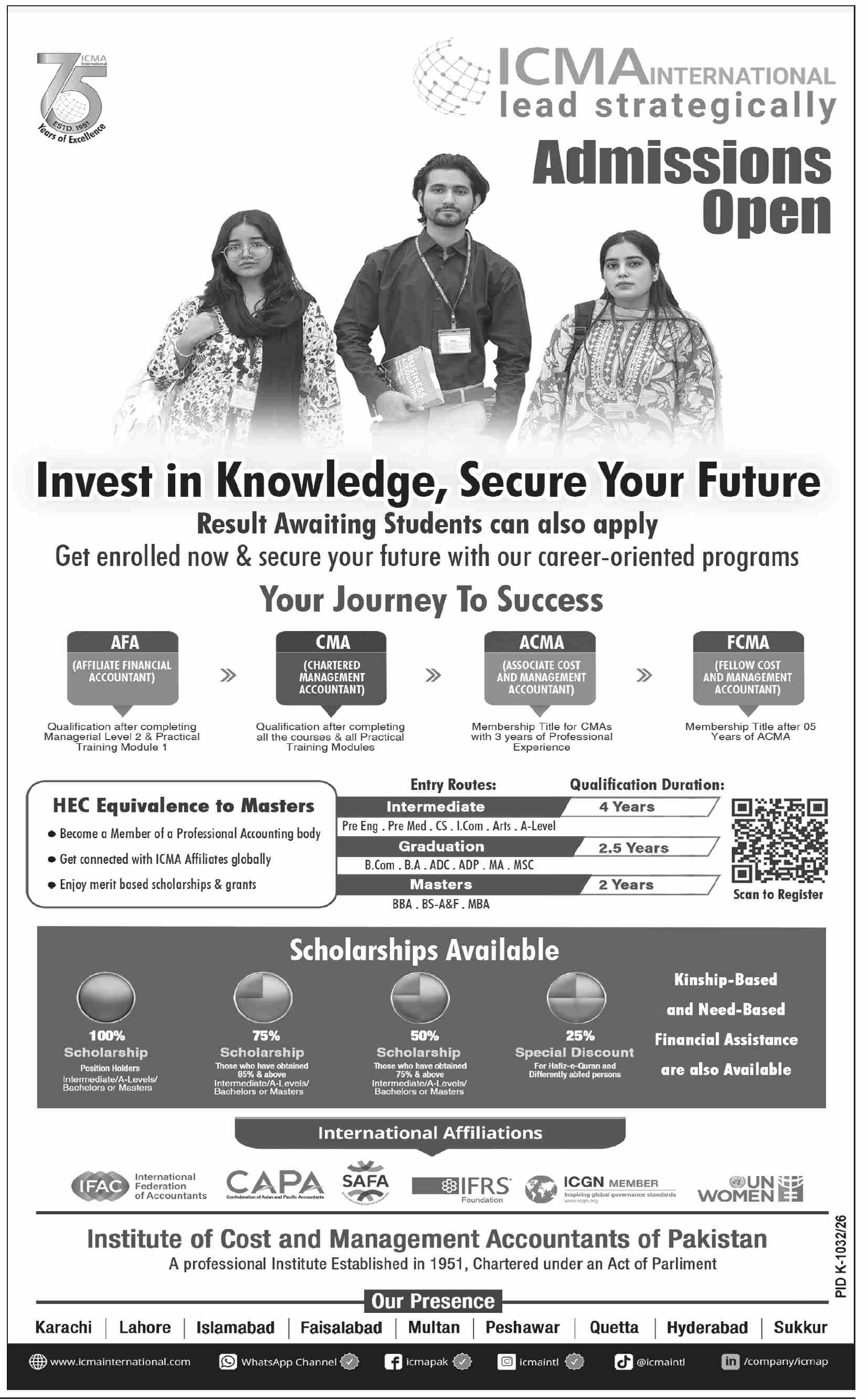 Admission notice for Institute of Cost and Management Accountants of Pakistan (ICMAP) Karachi